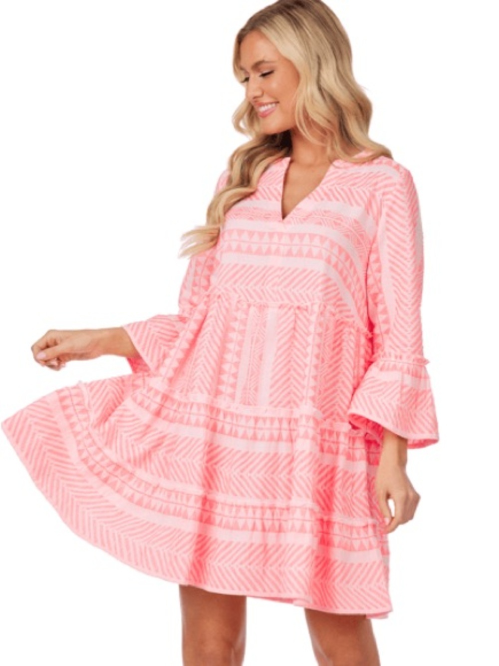 Mud Pie Renee Hot Pink Yarn Dye Tiered V-Neck Mini Dress S - Picture 2 of 14